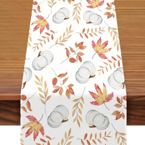 72x13 Inch Fall Table Runner Decorations - Linen White Pumpkin and Maple Leaves Pattern Table Runner for Thanksgiving, Holiday, Home, Kitchen, Mantel, Dining Table Decor, Autumn Party Supplies
