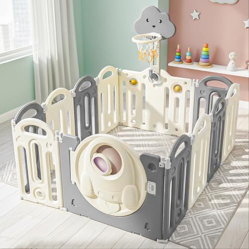 Image of Baybee Kids Playpen for Babies | Foldable Baby Play Area Indoor Setup with Basket Ball Hoop, Safety Door Lock & Double Knob | Outdoor Play Pen for Baby for 0 - 5 Years Boys Girls | Baby Activity Playards with Kids Customized Shapes (Grey-12 Panels)