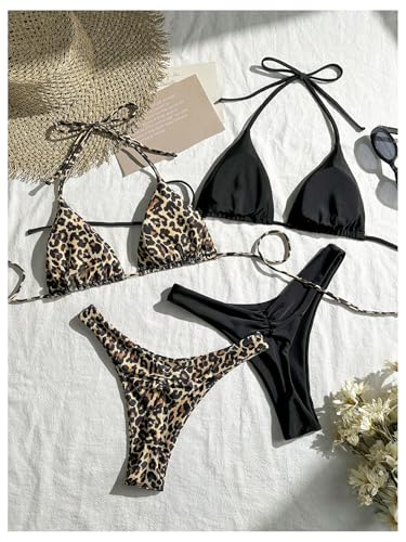 Women's 2 Packs Leopard Bikini Sets Halter Triangle High Cut Thong Bathing Suit Swimsuit2