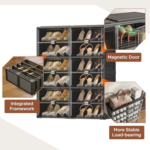Image of Vipbox Black Shoe Rack Organizer Cabinet for Closet Entryway,Clear Shoe Storage Boxes Stackable Sneaker Storage with Door Easy Assembly Shoe Cabinet with Lids Large 6 Tiers 24 Pairs
