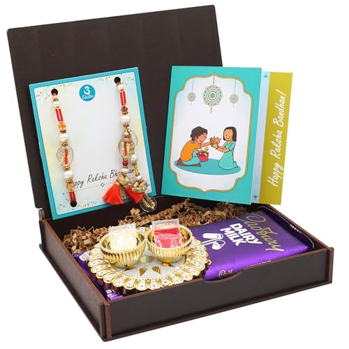 UtsaWe Rakhi Gift Box with Bhaiya Bhabhi Rakhi Set made of Cowrie Shells, Pearls, Red Tassels, Includes Roli, Chawal, Raksha Bandhan Card, Thali Set, Chocolates (Red Lumba Rakhi)
