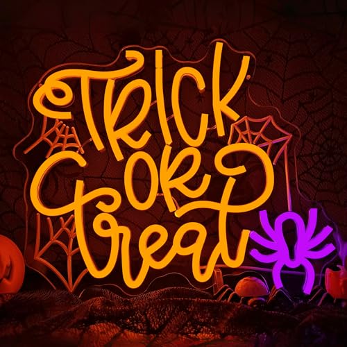 Image of Halloween Neon Sign Trick Or Treat Neon Sign for Wall Decor Halloween Spider Led Neon Light Sign Neon Halloween Sign Dimmable Light Up Sign for Halloween Decorations Party Decor Home Bar