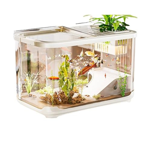 小型アクアリウム水槽セット、金魚・ベタ・メダカ・熱帯魚飼育用、蓋付きおしゃれ水槽、給餌口・通気孔付き、クライミングフレーム搭載、簡単水換え、持ち運び可能、多観賞用インテリア用 (ホワイト,【アップグレード版 - 大型 + 酸素ポンプ】クライミングフレーム