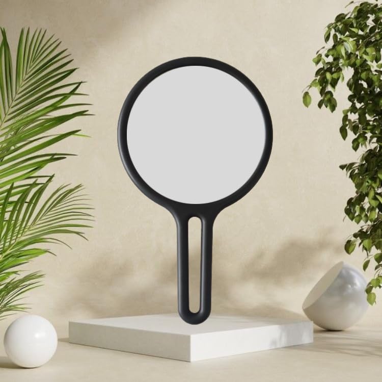 Black Round Shape Acrylic Handheld Beauty Makeup Mirror Both Sides one Side Magnifier for Bathroom, Dressing Table/Shaving/Parlours/Salon and for Travel kit 23x13 cm-image-42
