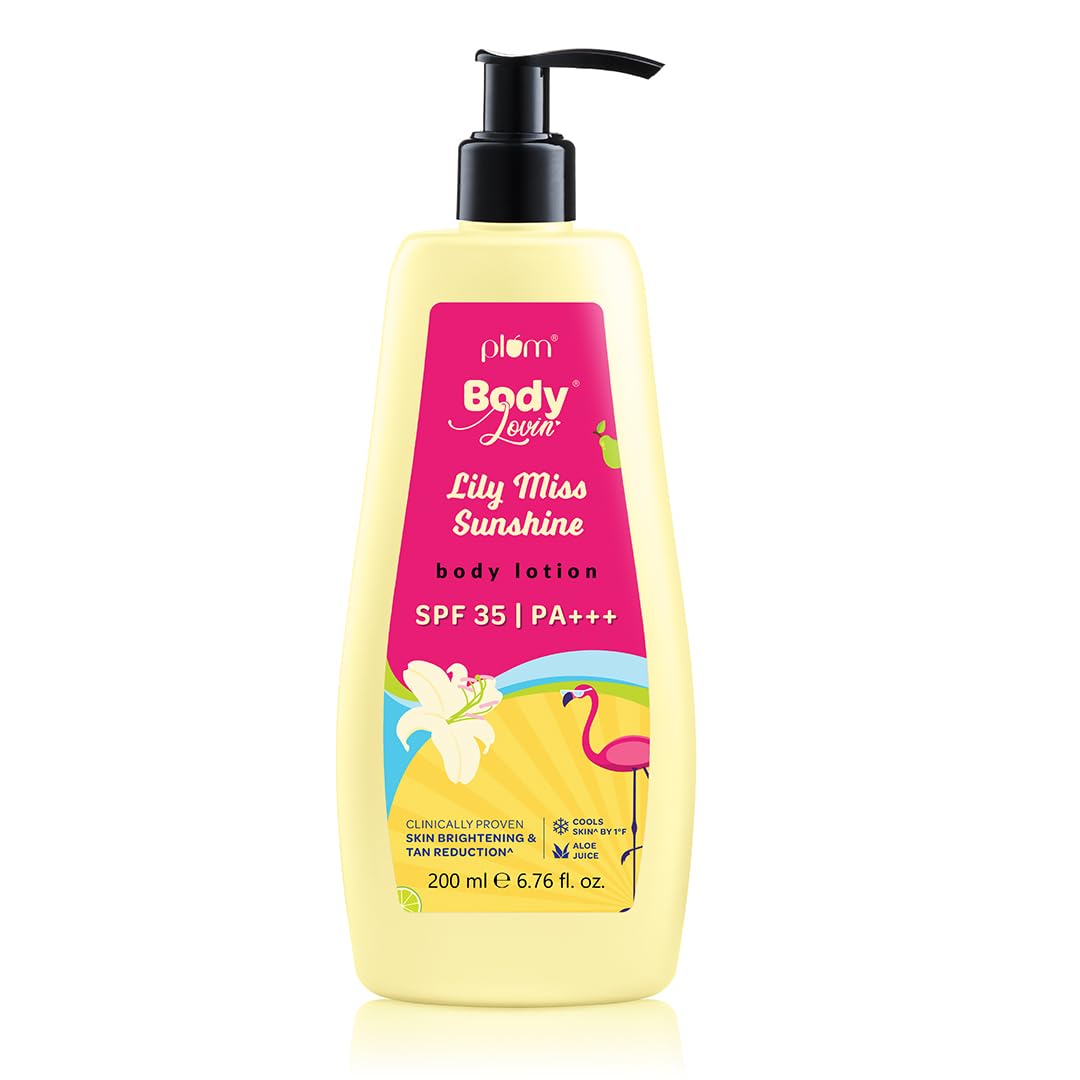 Plum BodyLovin' Lily Miss Sunshine SPF 35 PA+++ Sunscreen Body Lotion For Summers | No White Cast | Broad Spectrum UVA & UVB Protection | Aloe Juice Cools Skin by 1°| Hydrates Up to 72 Hours | Fruity Floral Fragrance - 200ml