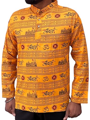 Image of Printed Jai Shree Ram Kurta for Men & Boys Full Sleeve Printed Ram Janm Bhumi Temple & Jai Shri Ram Short Kurta (Only Kurta) 100% Cotton