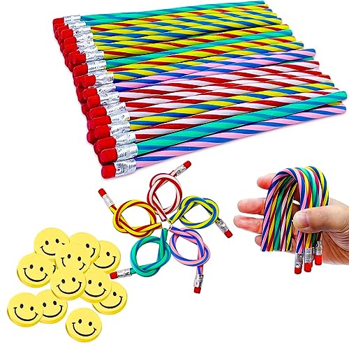 24 Piezas Lápices Flexibles y Goma de Borrar Kit, 12 Lápices Flexible&12 Smiley Emoticon Gomas Equipo Escolarlápices Flexibles,Soporte Lápices Flexibles en Color para Niños, Fiestas y Pequeños Regalos