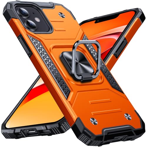 Image of Anqrp Heavy Duty Red Case for iPhone 12 /12 Pro Case with Enhanced Ring Holder Grip Stand, Military Grade Shockproof Rugged Drop Protective Silicone Hard Slim iPhone 12 Phone Case Cover,Orange