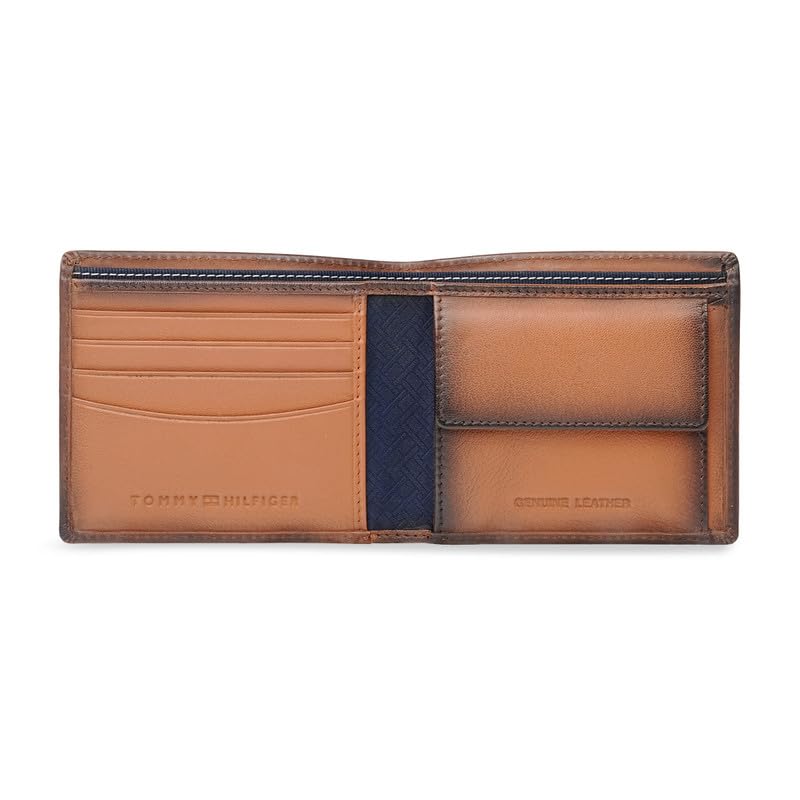 Image of Tommy Hilfiger Men's Leather Global Coin Wallet Gistel - Tan | Slim Bifold with 4 Card Slots, 2 Bill CompartMen'sts & 6-Month Warranty | Stylish Purse for Men's