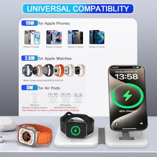 Image of zitronix Wireless Charger 4 in 1, 23W Foldable Magnetic Mag-safe Wireless Charger for iPhone 15 /14 /13 /12, Airpods, Apple Watch Series 9 /8 /7 /6 /5 /4 /3 /SE, Lightweight & Portable for Outings, Gifts-White