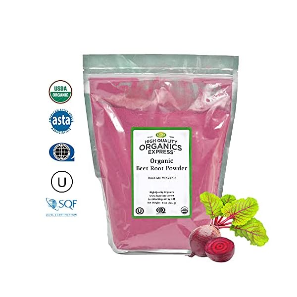 Beet Root Powder | by HQOExpress | USDA Certified Organic | Resealable 8oz bag | Beetroot | Raw | Non GMO | Nitric Oxide Booster | Lab Tested | Raw | Non-GMO | Kosher | USA Packaged