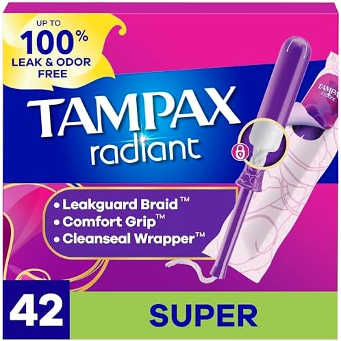 Tampax Radiant Tampons Super Absorbency with BPA-Free Plastic Applicator and LeakGuard Braid, Unscented, 42 Count