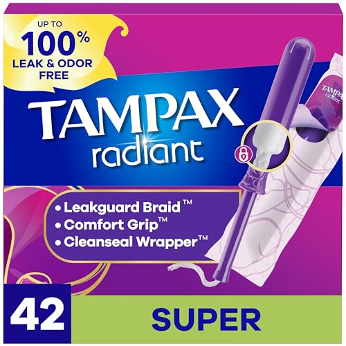 Tampax Radiant Tampons for Women, with LeakGuard Braid, Super Absorbency, Unscented, 42 Count, Packaging May Vary