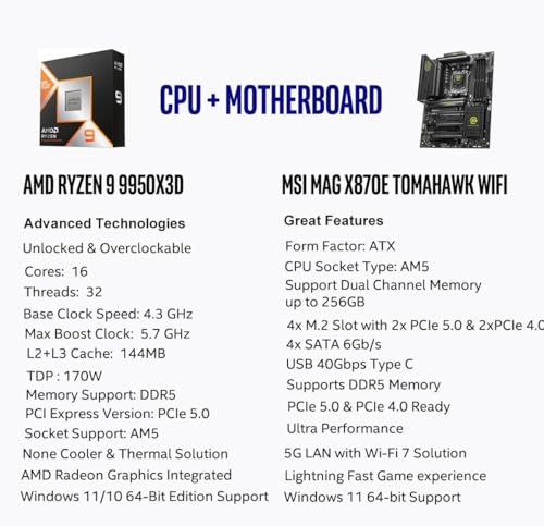 Image of Micro Center AMD Ryzen 9 9950X3D CPU Processor with MSI MAG X870E Tomahawk WiFi ATX Motherboard (DDR5, PCIe 5.0, M.2 Gen5, Wi-Fi 7, 5G LAN)