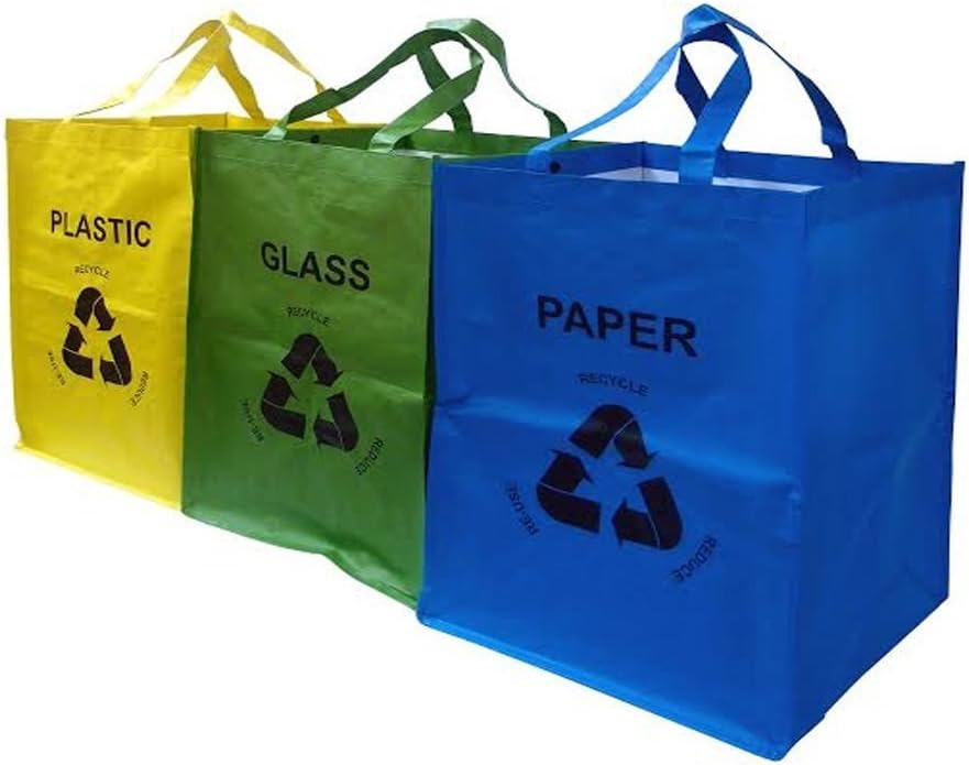 FiNeWaY Set of 3 Recycling Recycle Bags Colour Coded Plastic Glass