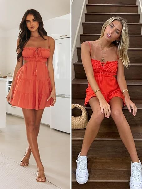 Wenrine Womens Summer Beach Mini Dress Adjustable Spaghetti Straps Sleeveless Backless Tiered Boho Sexy Dresses Orange - Image 5