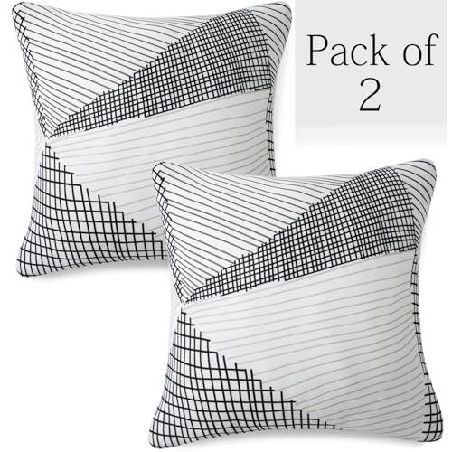 Image of HOKIPO 'Elira Series' Stretchable Cushion Cover for Sofa 22 inch x 22 inch, Packof 2, Snow White Black Geometry (AR-6712-C9*2)