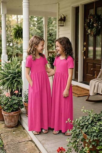 Image of Arshiner Girls Maxi Dress Long /Short Sleeve Casual Holiday Dress with Pockets for 5-13 Years