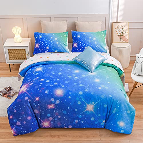 A Nice Night 6Pcs Gradient Glitter Bedding Set For Girls, Colorful Rainbow Galaxy Comforter Set, Ultra Soft Bedding Sets (Blue-Green,Twin 6Pcs) #TOP8