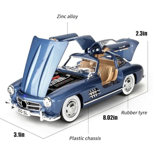 Image of 1:24 Scale MER-CEDES Ben-Z 300SL Die-Cast Metal Car with Sport car Openable Doors Light and Sound,Pull Back Function Indoor Outdoor Toy for Kids (Blue)