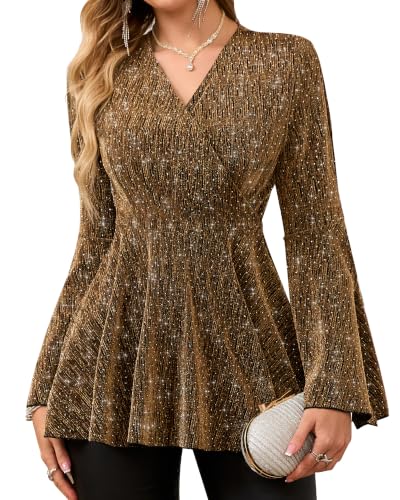 Biodeer Women's Dressy V Neck Sparkle Blouse Long Bell Sleeve Evening Party Shirt, Gold, Small