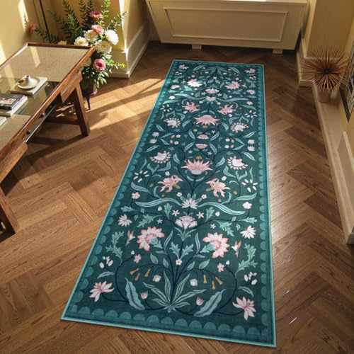 Lahome Boho Floral 2x6 Rug Runners for Hallways Non Slip, Dark Teal Kitchen Runner Rugs Non Skid Washable Bathroom Carpet Runner, Soft Non-Slip Runner