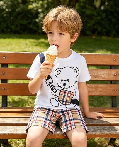Image of KIDLAGA Kids Toddler Boy Clothes Outfits Bear Print Tee + Plaid Shorts 2 Pieces Summer Shorts Set