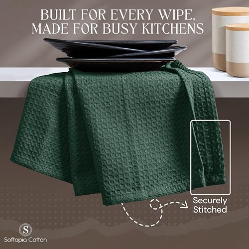Image of Forest Green Kitchen Dish Towels Set of 12-100% Cotton Waffle Weave, Super Absorbent, Soft, Quick Drying, 16x26 Inches, Ideal for Cleaning, Bar, Tea, and Everyday Use, Olive Green
