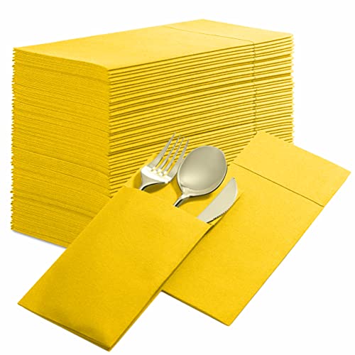 50-Pack Disposable Linen-Feel Dinner Napkins with Built-in Flatware Pocket, YELLOW Prefolded Cloth Like Paper Napkins For Dinner, Wedding Or Party [Silverware NOT Included]