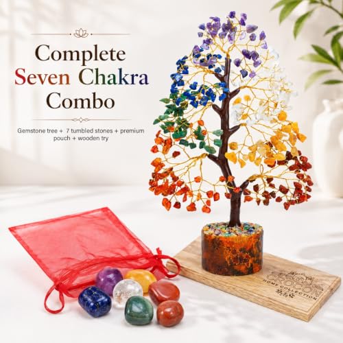 Image of Crocon 7 Chakra Tree of Life Crystal with Seven Chakra Tumbles Wooden Tray