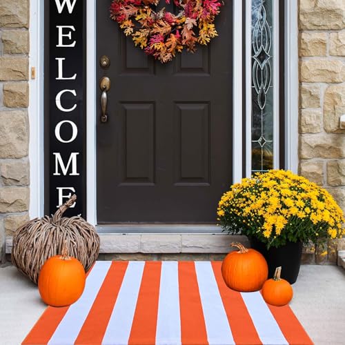 Orange Striped Outdoor Rugs, 27.5''x43'' Cotton Reversible Foldable Washable Area Rug, Layering Rug for Hello/Welcome Door Mat, Washable Cotton Woven Farmhouse Mat for Fall Front Porch Decor
