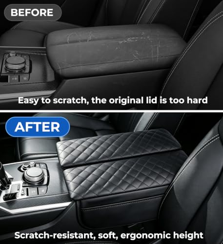 Image of Center Console Cover for Mazda CX-90 2026 2025 2024, 1.2-Inch Thick PU Leather Middle Armrest Cushion Protector Pad with 2 Side Pockets for 2024-2026 CX90, Black