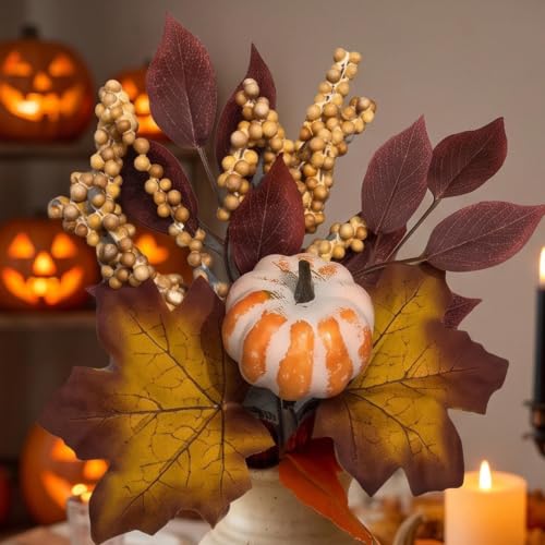 Artificial Flowers Indoor, Lightweight Weather Resistant Fade Resistant Plastic Fall Decor with Pumpkin Berries,Realistic Halloween Decoration Insert for Garden Patio Home Centerpieces (Orange-White) - image 2