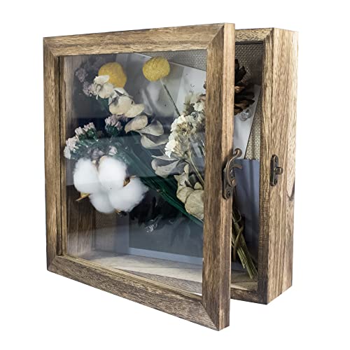 Image of GraduationMall 8x8 Shadow Box Frame Solid Wood Glass Door Display Case with Linen Back and 6 Stick Pins,1.5 inches Interior Depth,Ideal for Memorabilia Pictures Flowers Medals Tickets