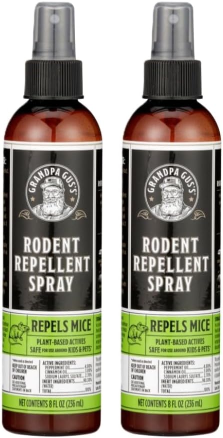 Grandpa Gus's Mouse Repellent Spray, Peppermint & Cinnamon Oil Formula, Repels Mice & Rats from Nesting, Chewing in Homes/RV, Boat/Car, Storage & Wiring, 8 fl oz (2 Bottles)