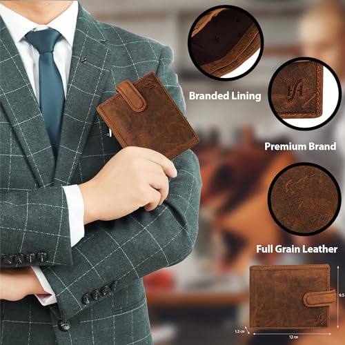 Mens RFID Contactless Card Blocking Id Protection Wallet Real Disressed Hunter Leather Classic Bifold Wallet with Gift Box 1100 (Brown)3