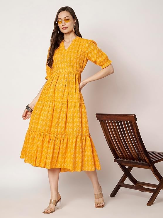 Image of PIDAVLIYA'S Women's Floral Summer Maxi Dress I Cotton Printed I One Piece Bodycon Midi Dress with V-Neck, Puffed Sleeves