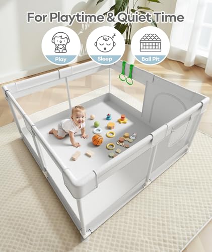 Image of Fodoss Baby Playpen for Babies and Toddlers, 50x50in Small Play Pen, Grey | Breathable Mesh Play Yard for Indoor & Outdoor, Sturdy Safety Play Area with Pull-Up Rings