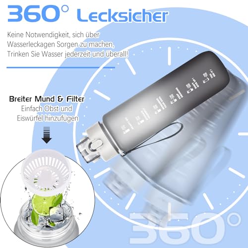 AOHAN Trinkflasche, 1l Wasserflasche BPA-Frei, Trinkflasche Sport Auslaufsicher, Sportflasche mit Zeitmarkierung für Fitness, Büro, Schule, Yoga, Outdoor