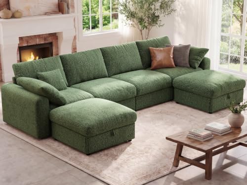 Image of Ihanherry 141 inch Oversized Cloud Sectional Couches for Living Room, Modular Sectional Sofa with Wide Deep Seat, U Shaped Couch with Throw Pillow and Storage Ottoman, Green