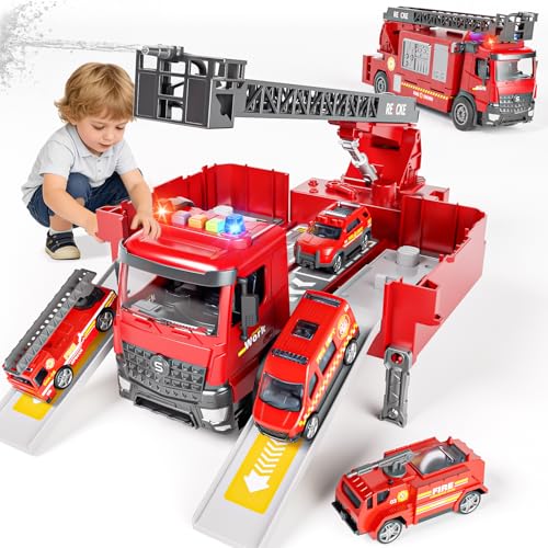Doloowee Feuerwehrauto für Junge 3 4 5 Jahre Verformbares Feuerwehrfahrzeug mit Feuerleiter Sound und Licht Sprudelfunktion Autospielzeug Geschenk für Kinder ab 3 Jahren