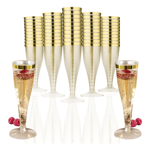 KELHOM Flûtes à Champagne en Plastique de 133ml avec Bord Doré - 50 Flûtes Élégantes sans BPA pour Fête de Mariage, anniversaire, Cocktail & Barbecue - Verre à Champagne en Plastique Solide & Lavable
