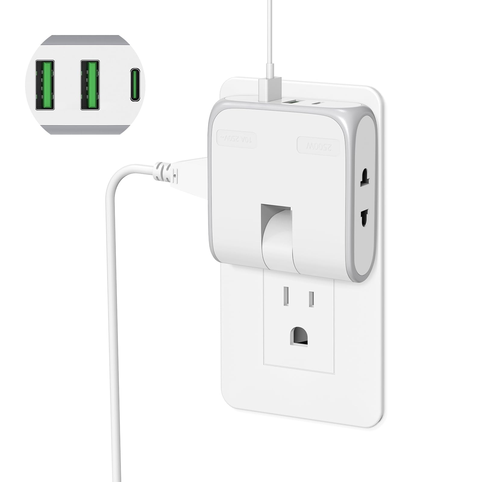 Flat Wall Outlet Extender with USB Charging Ports, HICITY 180° Swivel Power Strip 2 USB Ports, 2 Prong Folding Plug for Tight Spaces, Type A Ultra