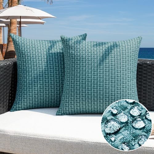Kevin Textile Outdoor Waterproof Throw Pillow Covers Pack of 2 Weaving Texture Water Resistant Outside Decorative Cushion Covers for Garden Patio Tent Balcony Bench Couch Sofa 18x18 Inch Teal