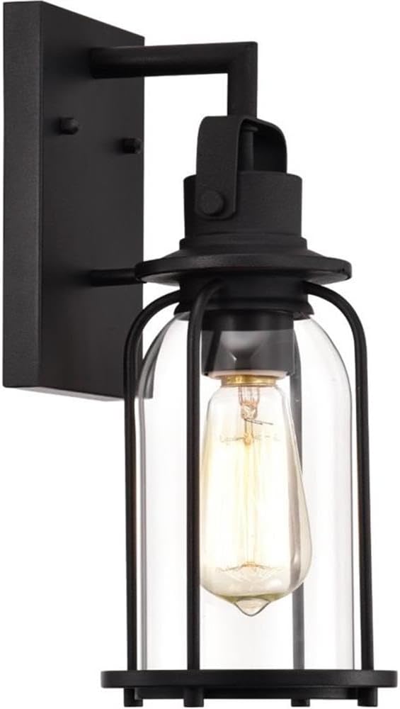 Pemberly Row Transitional Outdoor Wall Sconce, Textured Black Steel with Bell Shaped Clear Glass, 13" Height, Hardwired Downlight Fixture, Vintage Edison Bulb Compatible, Residential or Commercial Use