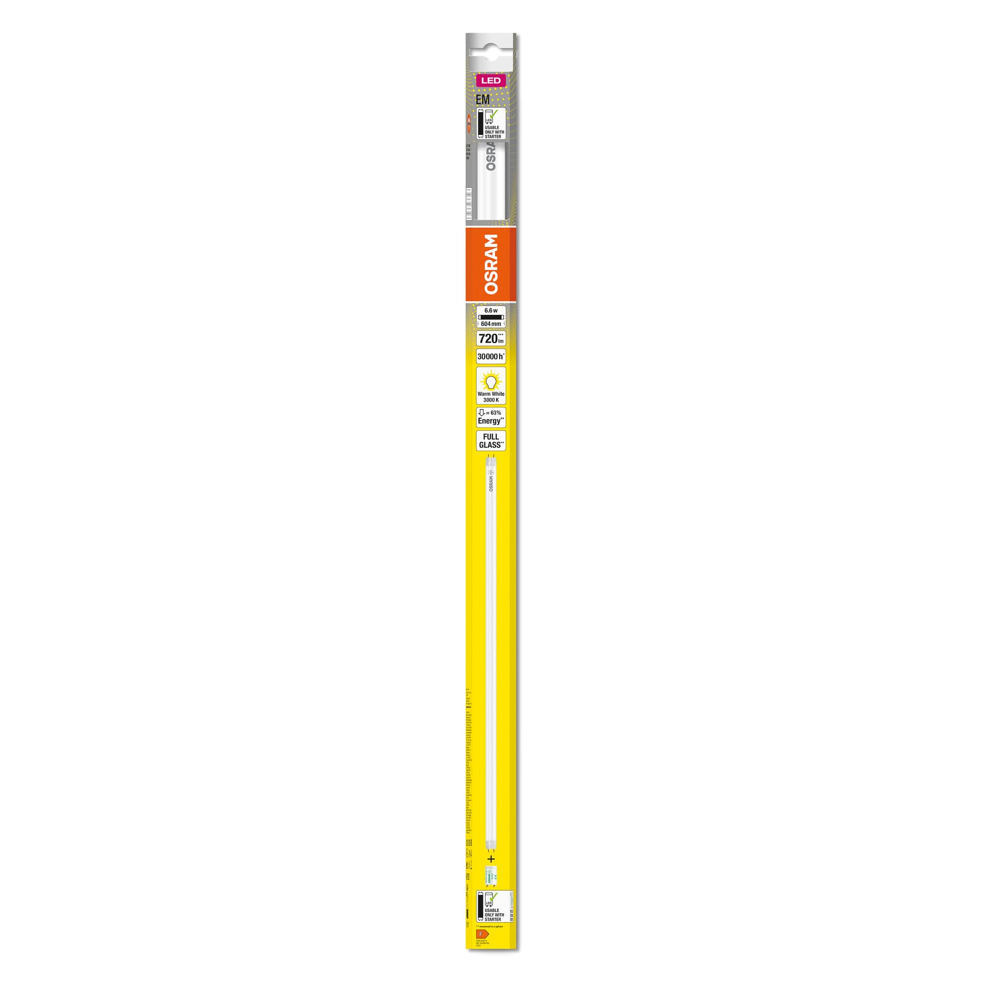 Osram Tube LED T8 18 EM 600 mm, tube LED linéaire, 6,6 W, 720lm, 3000K, lumière blanche chaude, remplacement LED pour les tubes lumineux T8 avec des prises G13, une durée de vie longue