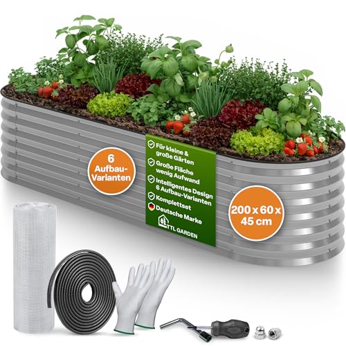 TTL GARDEN 200x60x45cm Metall Hochbeet Fusion 6-in-1 Silber - Stahl rostfrei verzinkt 45cm hoch 60cm breit Wellblech Form oval stabil Garten Beet für Gemüse Kräuter Blumen Gartenbeet