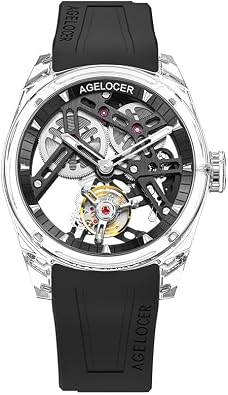 AGELOCER Tourbillon Watches Men Original Full Transparent Crystal Case Limited Edition, Luxury Sport Skeleton Waterproof Manual Mechanical Watch, Luminous Reading, Gift