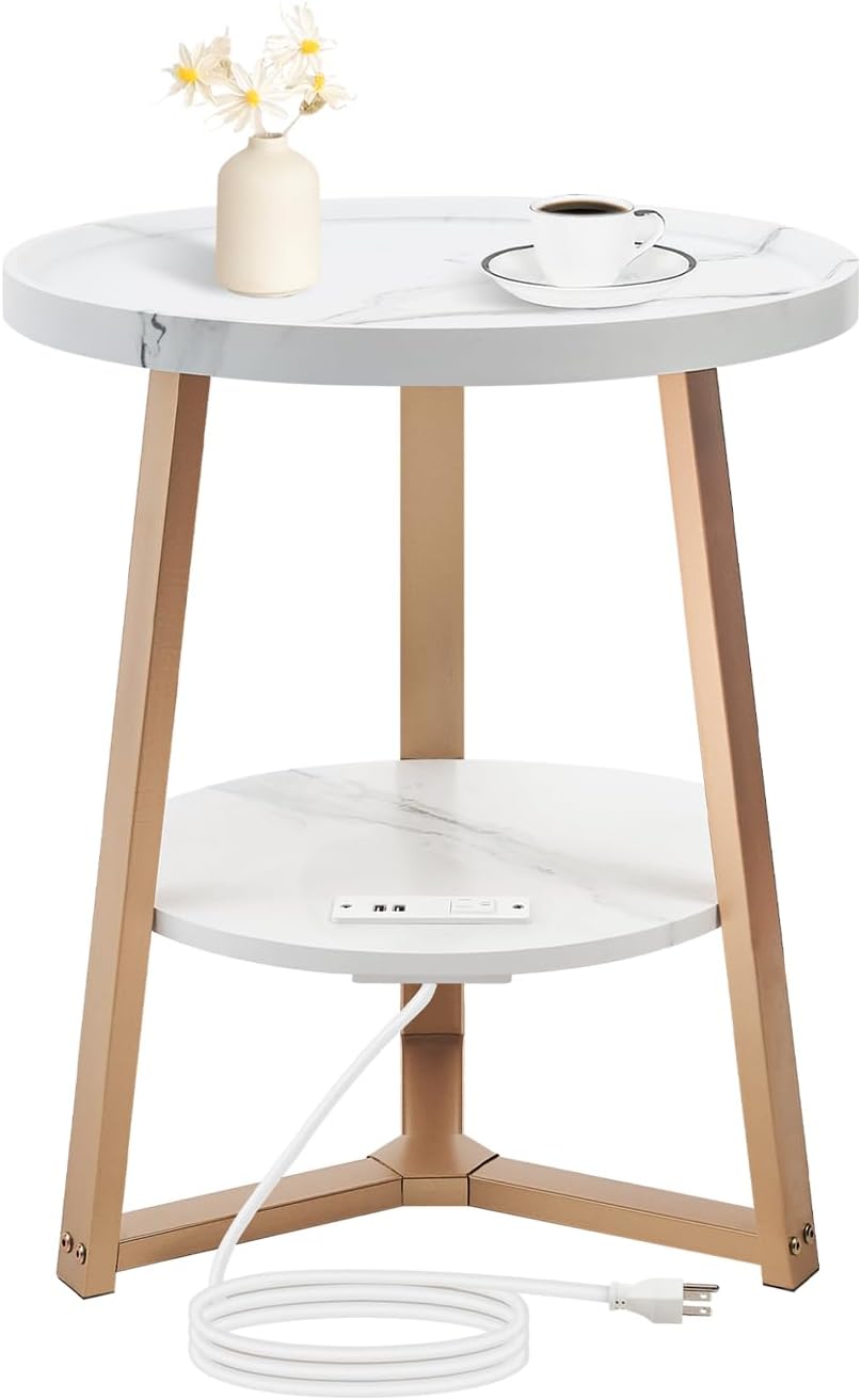 Round End Table with Charging Station, 19.7" Dia x 23.63" H, Side Table with Storage Shelf, for Living Room, Bedroom, Faux Marble Top, Gold & White