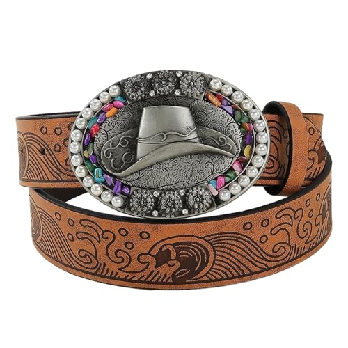 Vintage Western Belts for Women Men Engraved Buckle Belts Cowboy Cowgirl Belt for Jeans Pants Rodeo, Bohemian